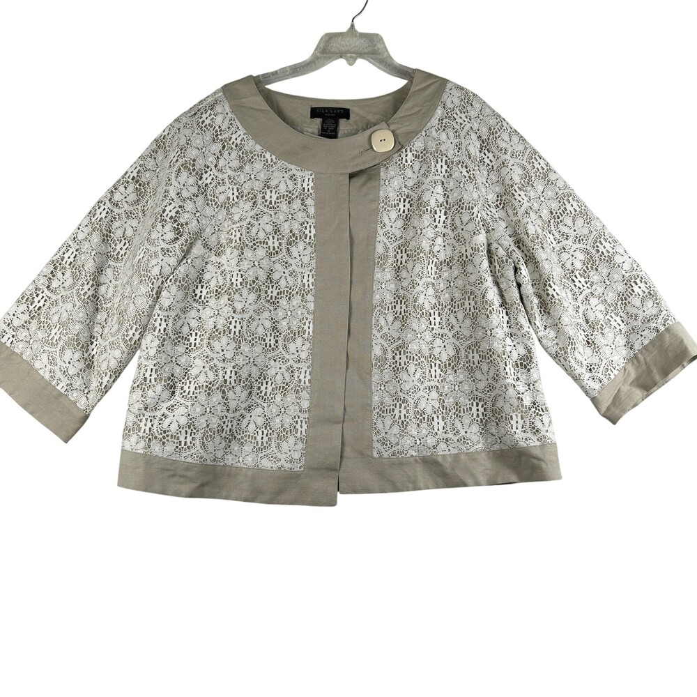 Silk Land Jacket Womens 1X Beige Lace Linen Blend Collarless Lined Floral
